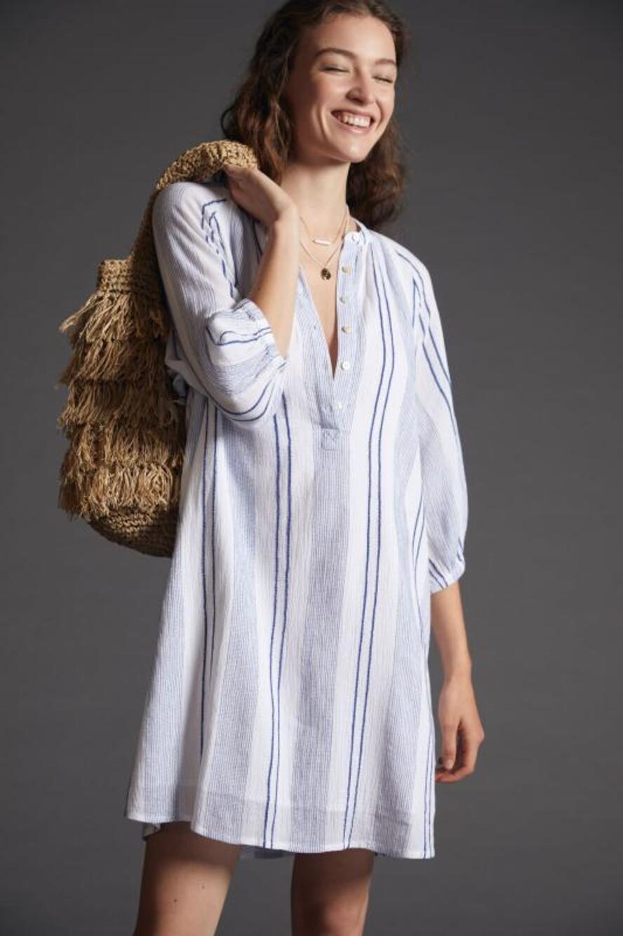 New Anthropologie Sundry Striped Henley Mini Dress $188 SMALL (1) White/Blue